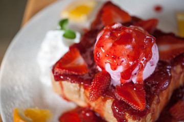 honey toasts with strawberry, vanilla  ice-cream dessert