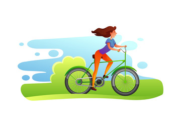 Fototapeta premium Woman riding a bicycle vector illustration. Outdoor activity. Female cartoon character traveling. Eco transport image.