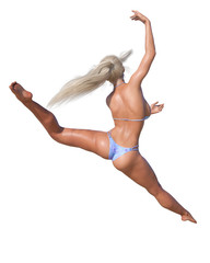 3D beautiful summer beach blond woman blue swimsuit bikini.Summer rest.Conceptual fashion art.Seductive candid pose.Realistic render illustration.Isolate