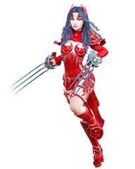 Obraz premium Warrior amazon woman sword and metal blade.Long dark hair.Elven warrior.Comic hero.Muscular athletic body.Girl standing aggressive pose.Conceptual fashion art.3D rendering isolate illustration