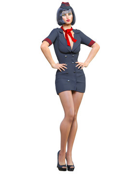 Beautiful tall woman Stewardess.Air hostess flight girl.Short black uniform dress, black pantyhose.Conceptual fashion art.Green eyes.Seductive candid pose.3D render isolate illustration.