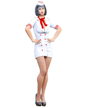 Beautiful tall woman Stewardess.Air hostess flight girl.Short white uniform dress, black pantyhose.Conceptual fashion art.Green eyes.Seductive candid pose.3D render isolate illustration.