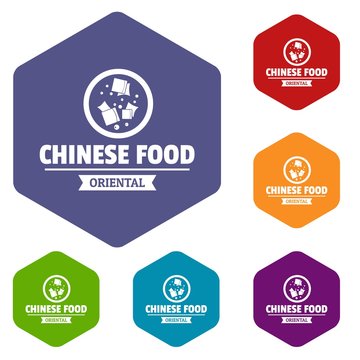 Chinese food icons vector colorful hexahedron set collection isolated on white 