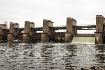 Water discharge during the spring snowmelt on the Perervinsk dam installed on the Moscow river, to maintain the proper water level.                           