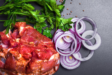 Fresh seasoned pickled meats, herbs, and onion slices on kitchen table