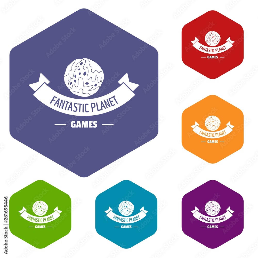 Poster planet game icons vector colorful hexahedron set collection isolated on white