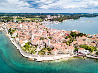 Croatian town of Porec, shore of blue azure turquoise Adriatic Sea, Istrian peninsula, Croatia....