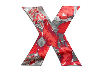 Letter X alphabet with floral fabric texture on white background