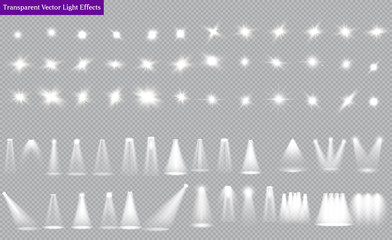 Light sources collection, concert lighting, stage beam spotlights lens flash effect and Bright Star. Light effects on transparent background.
