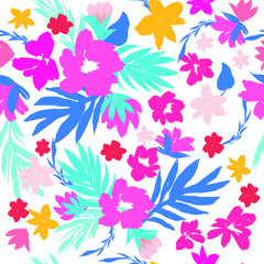 Beautiful Exotic Flowers and Leaves Pattern Vector  Illustration for Surface , Invitation , Notebook, Banner , Wrap Paper