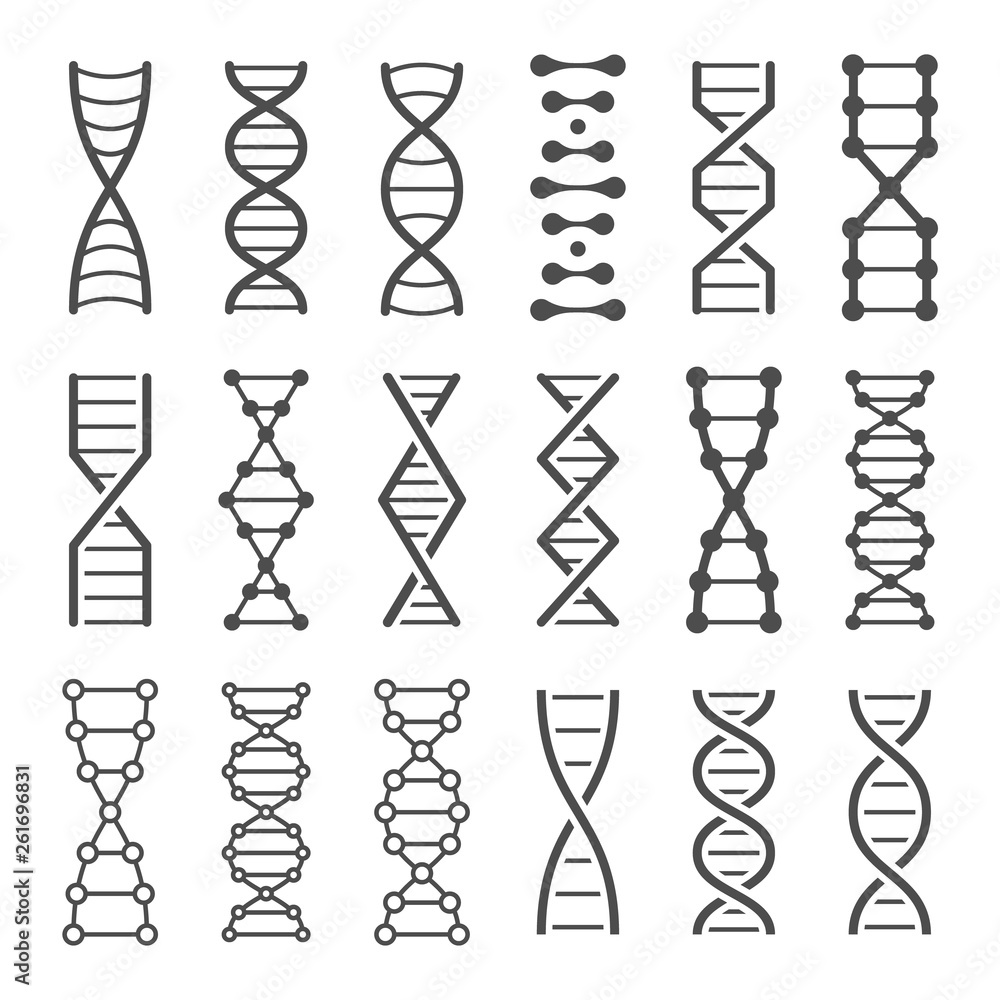 Aufkleber dna spiral icon. human genetics code, genom model and bio laboratory string spirals vector icons set