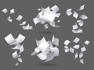 Falling paper sheets. Flying papers pages, white sheet documents and blank document page on wind isolated vector illustration set