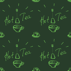 tea cup seamless pattern. hand drawn vector illustration of green color