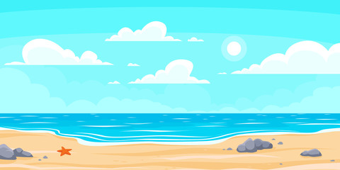 Cartoon summer beach. Paradise nature vacation, ocean or sea seashore. Seaside landscape vector background illustration © Tartila