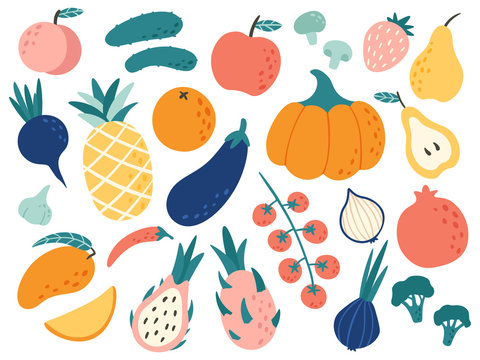 Hand drawn fruits and vegetables. Doodle organic food, vegan vegetable kitchen and doodles vector illustration set