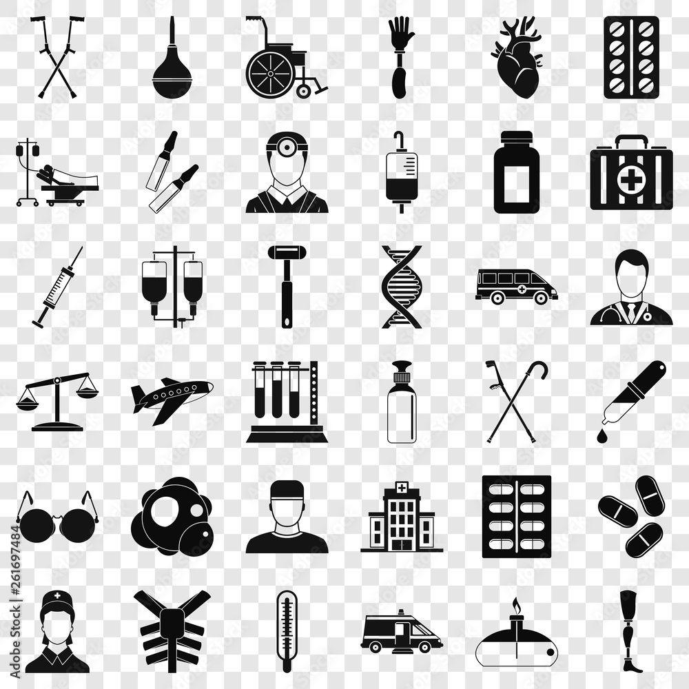 Poster aid first icons set. simple style of 36 aid first vector icons for web for any design