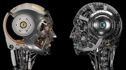 two very detailed cyborgs or futuristic humanoid heads looking at each other. side view isolated on black background. 3d render