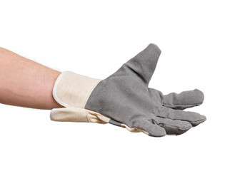 Worker showing outstretched palm gesture - offering or begging concept. Male hand wearing working glove, isolated on white background.