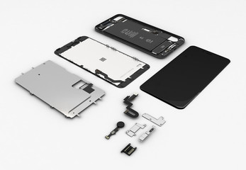 Flat Lay of smartphone components on white background 3d ilustration