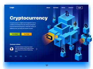 Cryptocurrency website. Cryptocurrency and digital money technology concept vector website. Website template. The concept of a landing page for cryptocurrency trading. Blockchain technology. Bitcoin