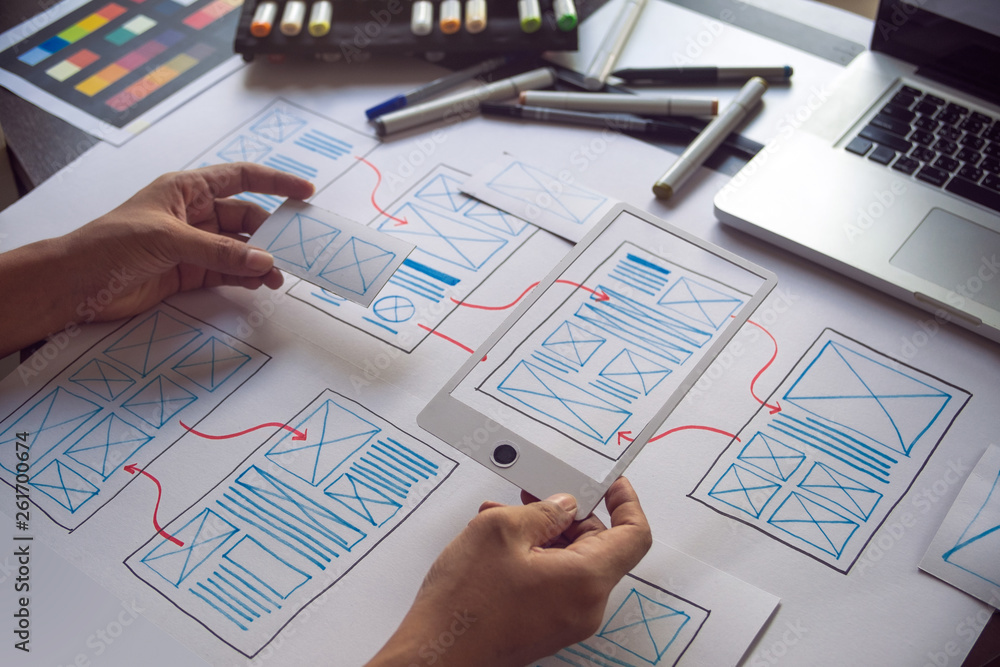 Poster ux graphic designer creative sketch planning application process development prototype wireframe for