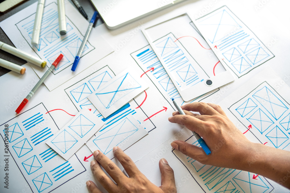 Poster ux graphic designer creative sketch planning application process development prototype wireframe for