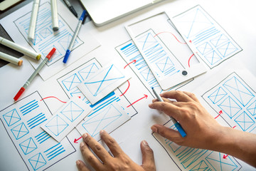 ux Graphic designer creative  sketch planning application process development prototype wireframe for web mobile phone . User experience concept.