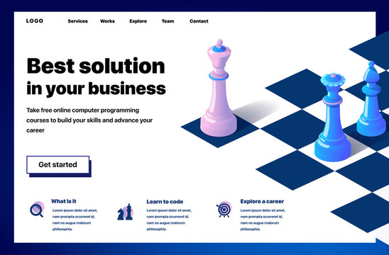 Website providing the service of best solution in your business. Concept of a landing page for best solution in your business. Vector website template with 3d isometric illustration of a chess