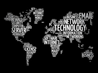 Obraz na płótnie Canvas Technology word cloud in shape of world map, business concept background