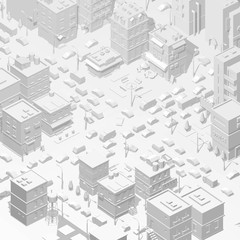 City buildings background street. light gray tones. Road Intersection traffic jam. High detail 3d city view. Cars end town panorama cityscape.