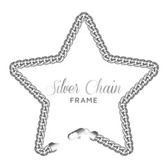 Silver chain star border frame. Wreath starry shape with a lobster claw clasp lock. Jewelry accessory design, text frame. Realistic vector illustration isolated on a white background.