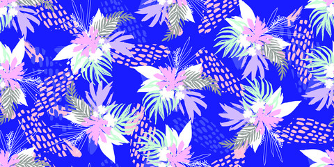 Fototapeta na wymiar Neon Seamless Pattern Print with Palm Leaves And Flowera 