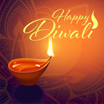 Post card for Diwali festival with realistic indian lamp with fire flame and mandala. Happy Diwali concept, insignia. Typography poster or logo for Diwali festival. Banner for web.