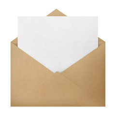 Open brown envelope with a blank paper inside, isolated on white background