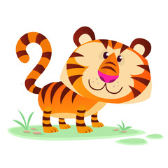 Obraz na płótnie Canvas Pretty cute cartoon tiger vector illustration. Isolated on White background. Flat design. 