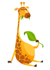 Cartoon giraffe character. Vector illustration pretty giraffe eating a leaf and smiling. Great for sticker print or design