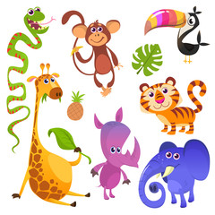 Naklejka premium Cartoon tropical animals characters. Wild cartoon cute animals collections vector flat illustration. Toucan, monkey, tiger, snake, elephant, rhino, giraffe