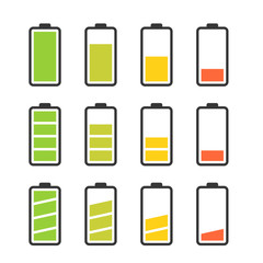 Battery vector icon set with colorful charge level indicators. Flat simple icons