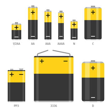 Alkaline battery different sizes icons set. Flat vector illustration isolated on white background