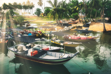 Obraz premium Peaceful scenery and beautiful nature landscape of Terengganu Village located in Malaysia. Coconut Palm trees and traditional boat floating