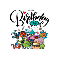 Happy Birthday. Handwritten inscription with images of funny monsters