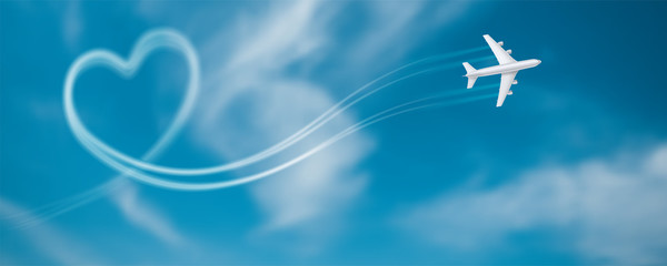 Flight route of the aircraft in the shape of a heart. Smoky line trace of airliner. Realistic icon of airplane in blue sky with clouds. Vector 3d illustration © eriksvoboda