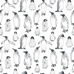 Penguin sketch seamless pattern. Hand drawn vector illustration.