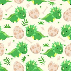 seamless pattern with cute green dinosaur and eggs - vector illustration, eps © Hanna