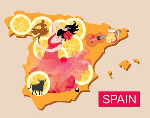 Map of Spain with beautiful girl - flamenco dancer, and pieces of lemon with various national symbols.