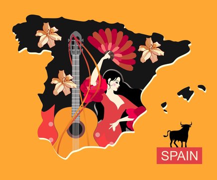 Stylized Spain map with flamenco dancer girl, fan and guitar.