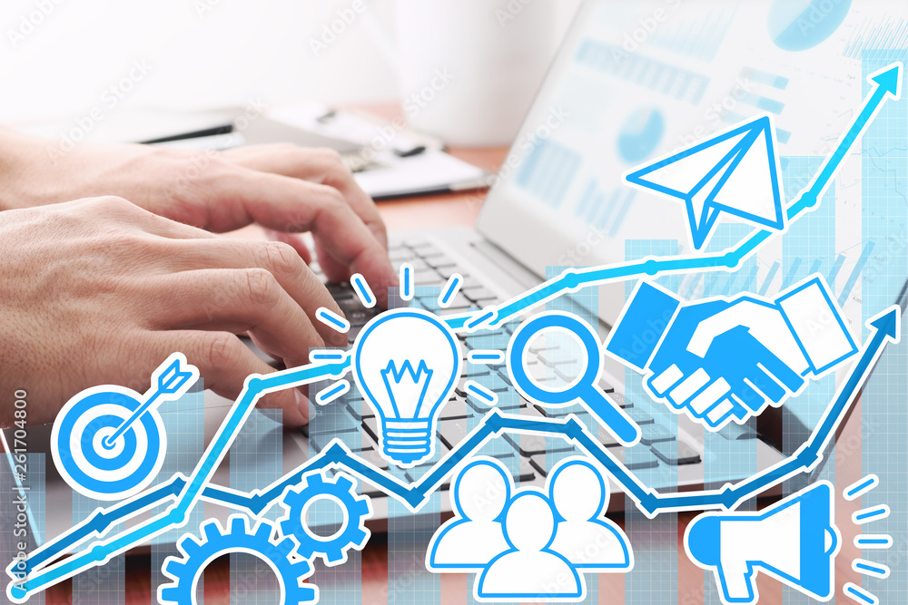 Poster business development and management concept. businessman using laptop or preparing reports.many gear