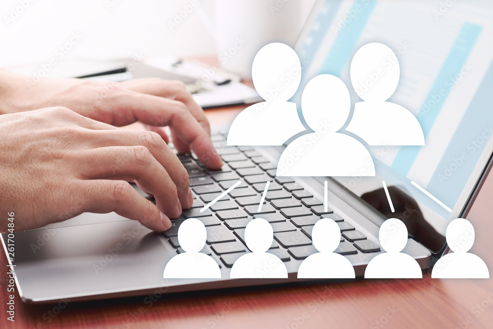 Poster Using internet for business communication. Online people network. Businessman sending message by laptop.