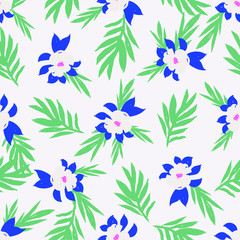 Fototapeta na wymiar Seamless Pattern Texture with Flowers and Palm Leaves 