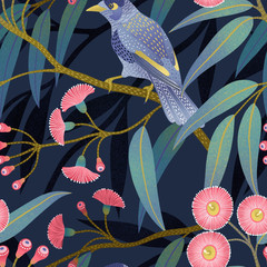 Seamless pattern with a bird sitting on a branch of eucalyptus tree with flowers